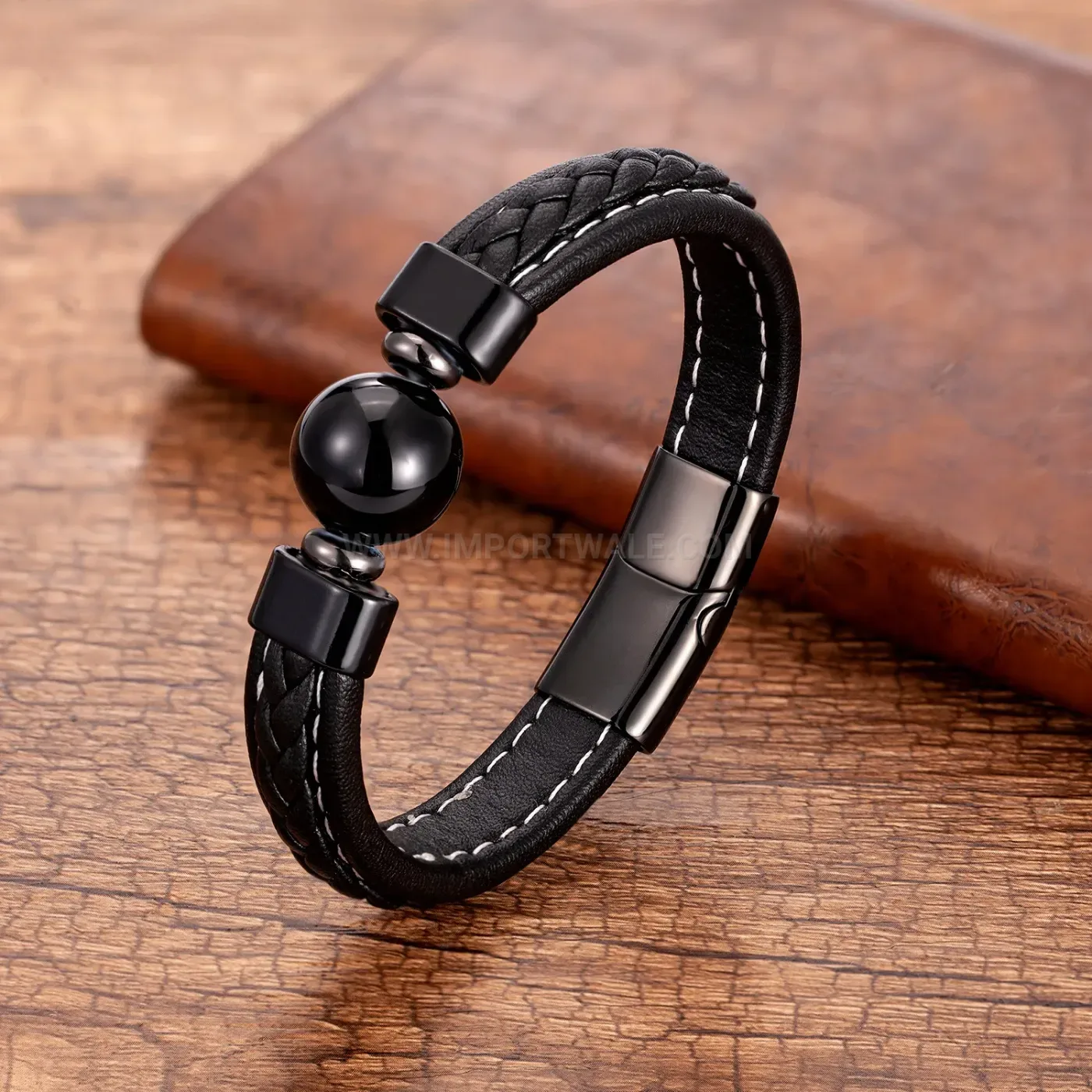 Minimalist Braided Leather Stone Bracelet with Stainless Steel Magnetic Clasp