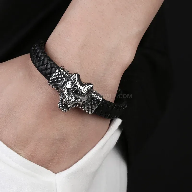 Stylish Liger King Stainless Steel and Multicolored Leather Men Bracelet