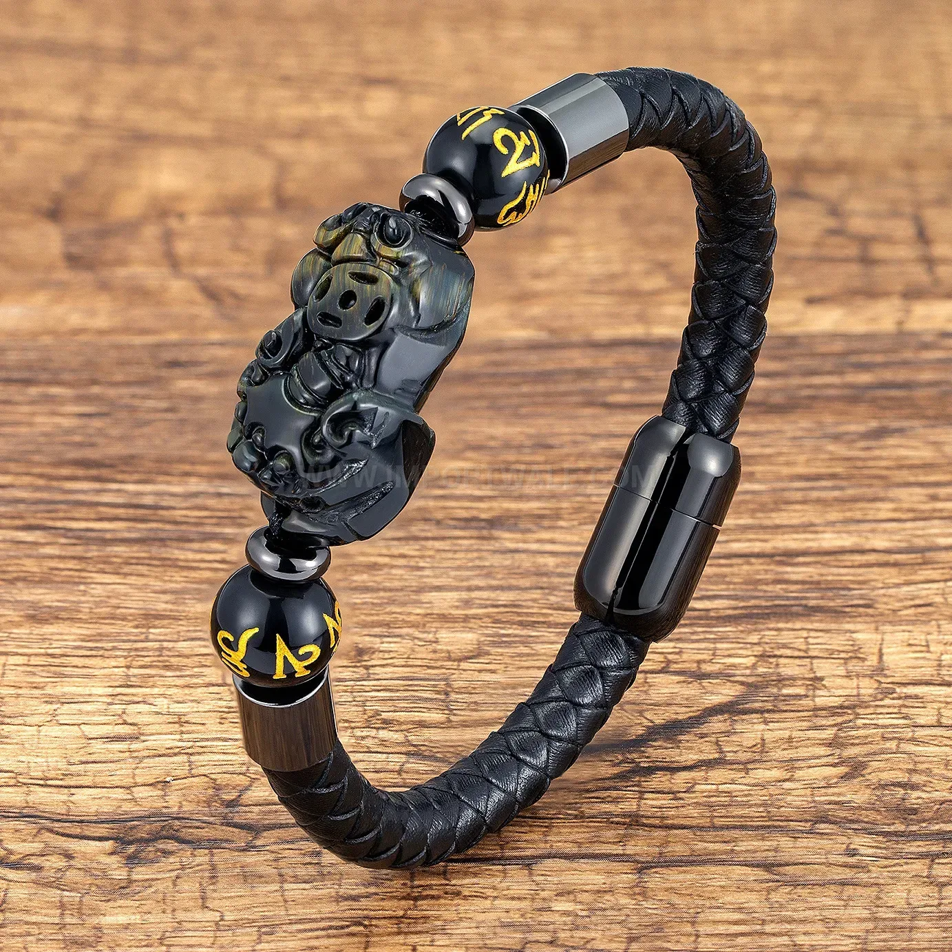 Pixiu Stone Leather Braided Magnetic Stainless Clasp Bracelet