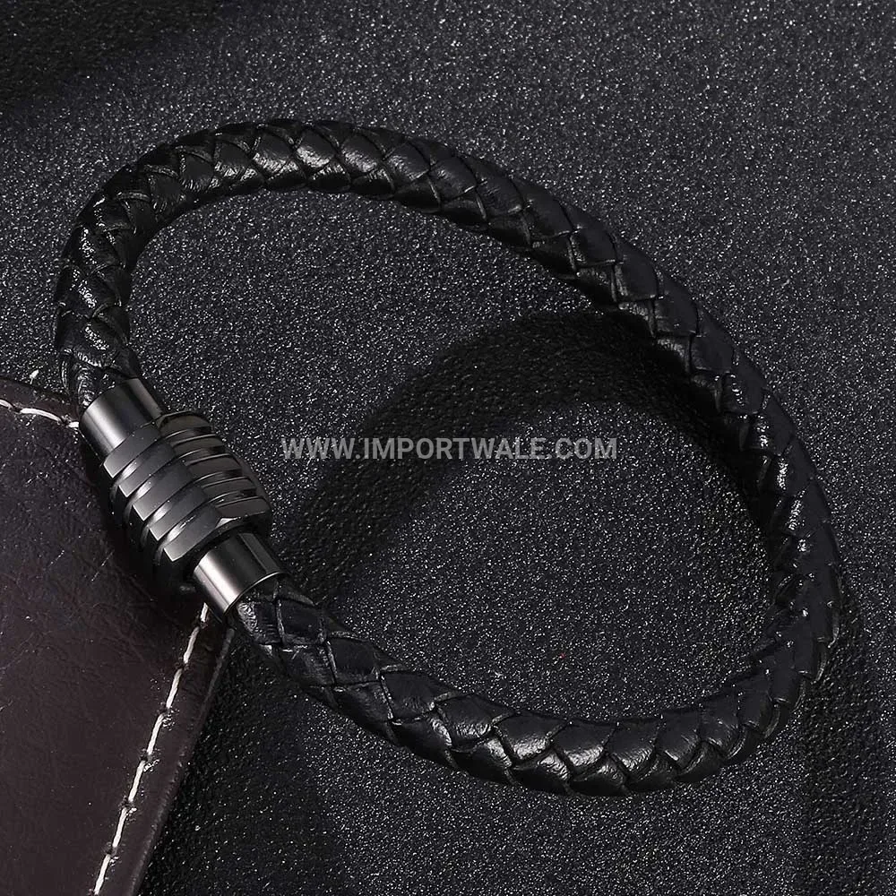 Woven Leather Magnetic Stainless Steel Bracelet for Men