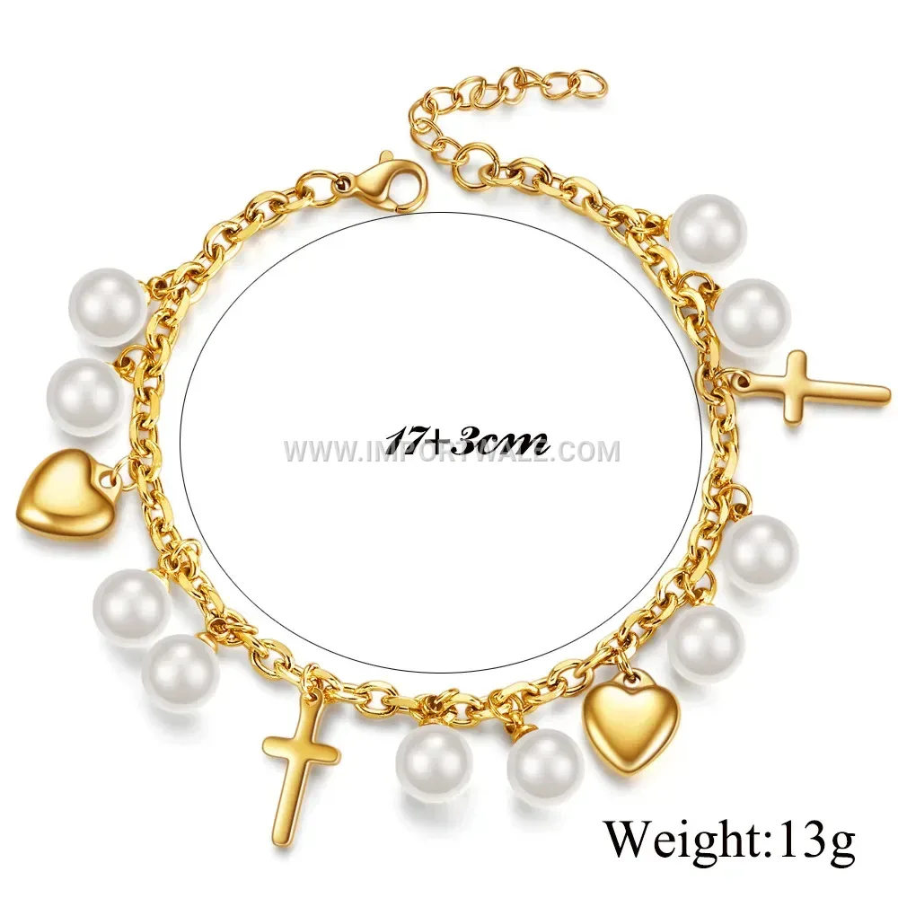 Cross and Heart Pearl Accent Stainless Steel Mixed Chain Bracelet