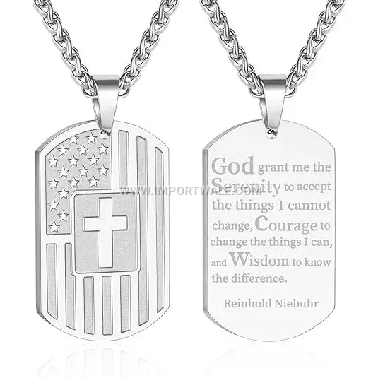 Gold Plated Stainless Steel Flag Cross Dog Tag Pendant Necklace