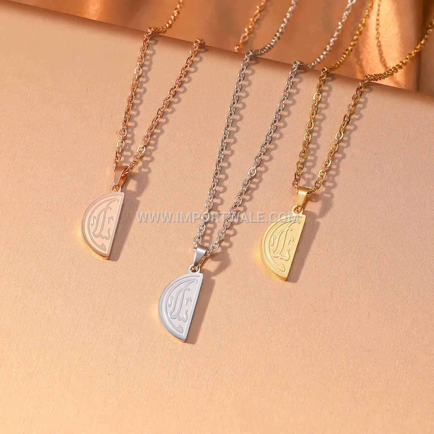 Gold Plated Semi Circle Calligraphy Stainless Steel Pendant Necklace