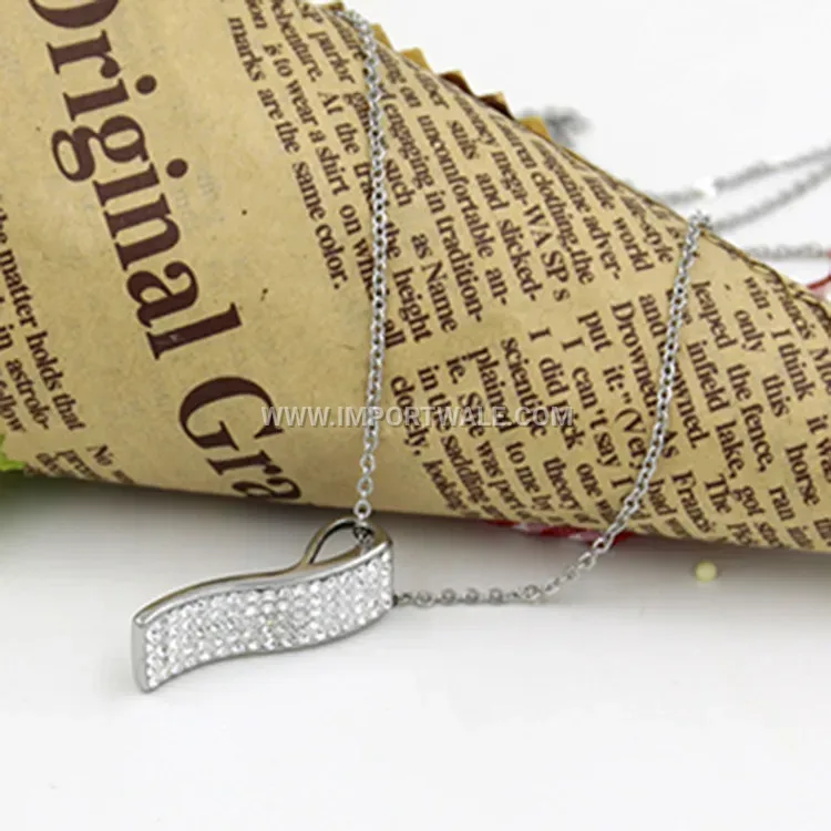 Silver Stainless Steel Rectangular Rhinestone Pendant Necklace