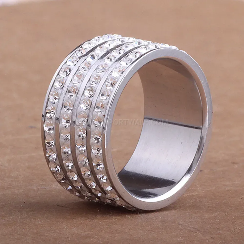 Four Row Rhinestone Stainless Steel Geometric Band Ring