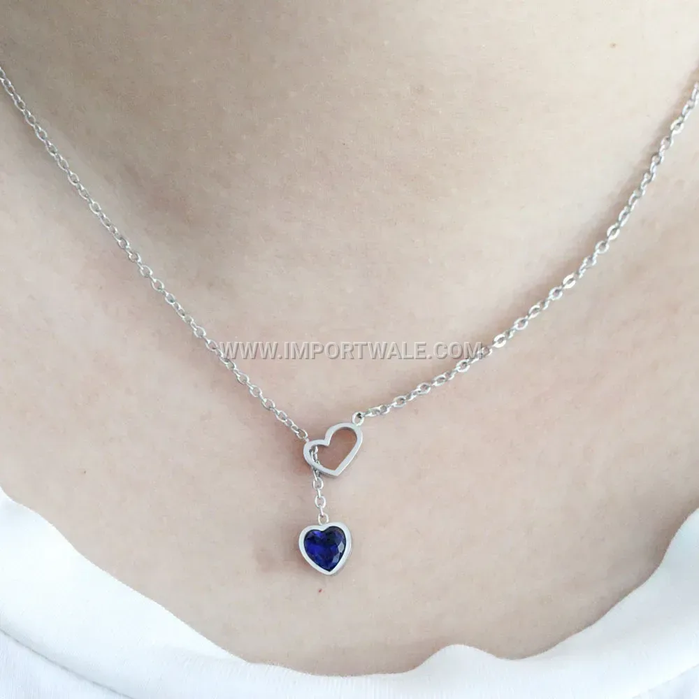 Stainless Steel Openwork Heart Sapphire Pendant Necklace