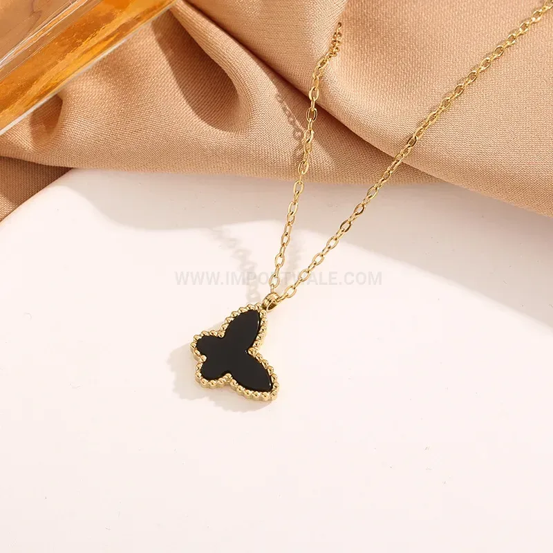 Mother of Pearl Butterfly Pendant Titanium Steel Chain Necklace