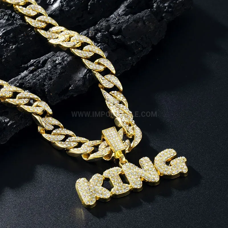 Classic Iced Out KING Letter Alloy Pendant Cuban Necklace