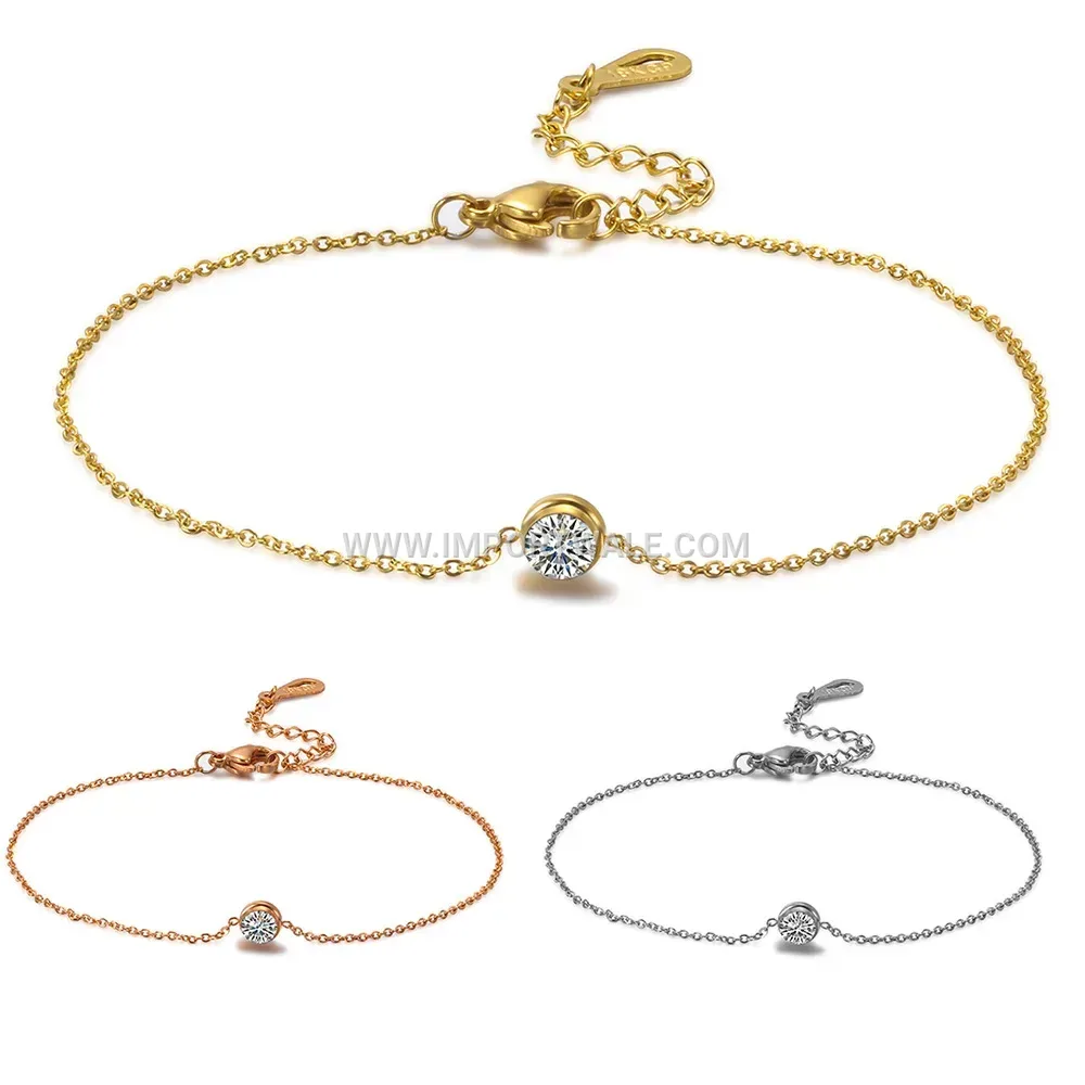 Solitaire Zirconia Stainless Steel Chain Bracelet