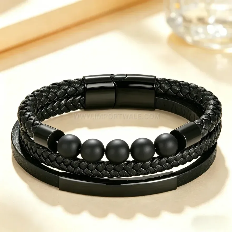 Chic Multi Layer Leather Natural Stone Bead Bracelet With Stainless Steel Accent