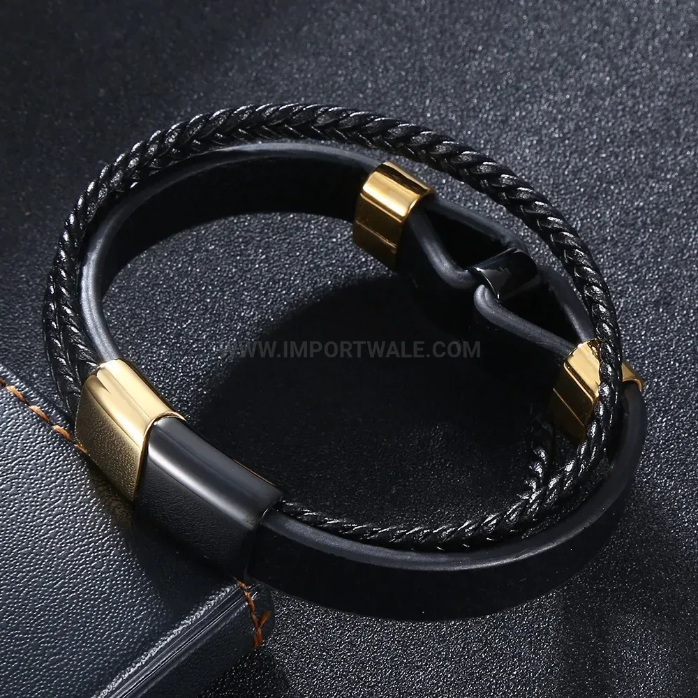 Layered Black Leather Bracelet with Gold and Black Steel Clasp
