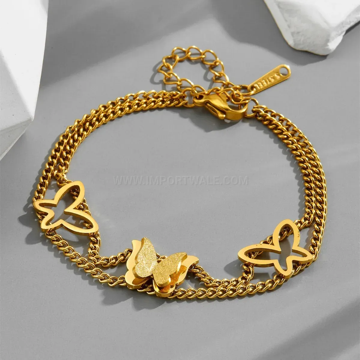 Gold Plated Layered Hollow Butterfly Charm Stainless Steel Bracelet