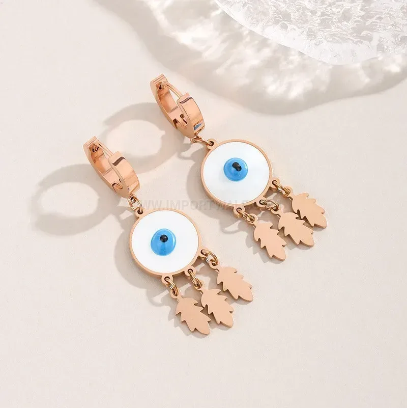 Titanium Steel Oval Blue Eye Hoop Earrings With Tassels