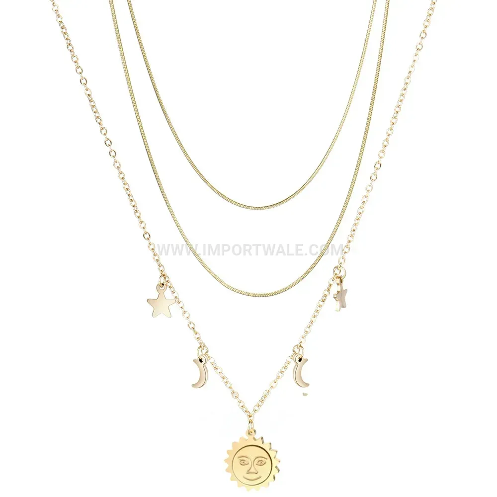 Layered Stainless Steel Celestial Sun Moon Star Pendant Necklace