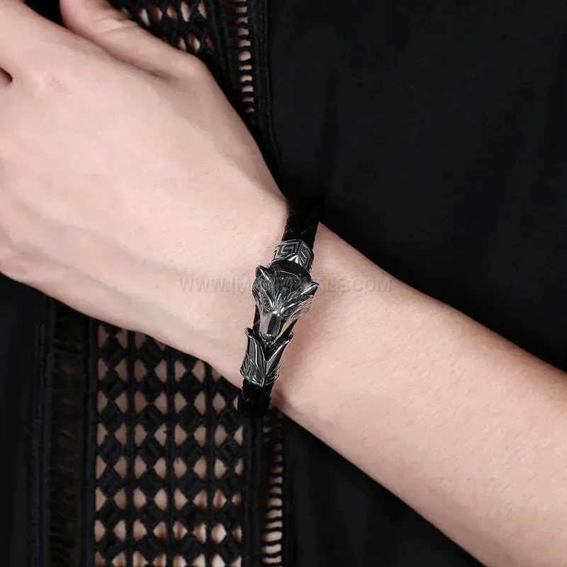 Stylish Punk Style Stainless Steel Wolf Head Men Leather Bracelet