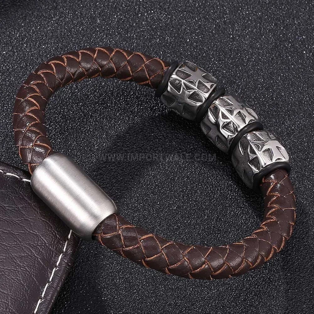 Premium Stainless Steel Cross Accent Braided Leather Bracelet for Men