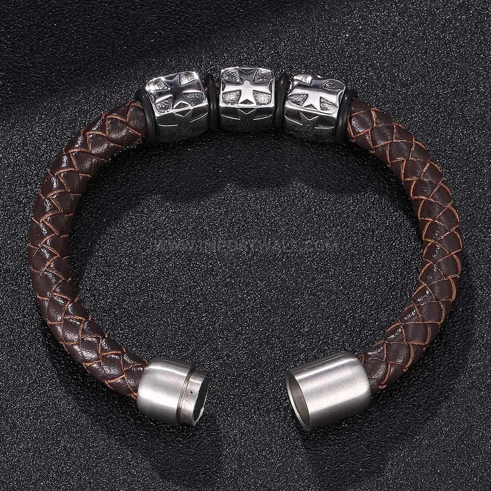 Premium Stainless Steel Cross Accent Braided Leather Bracelet for Men