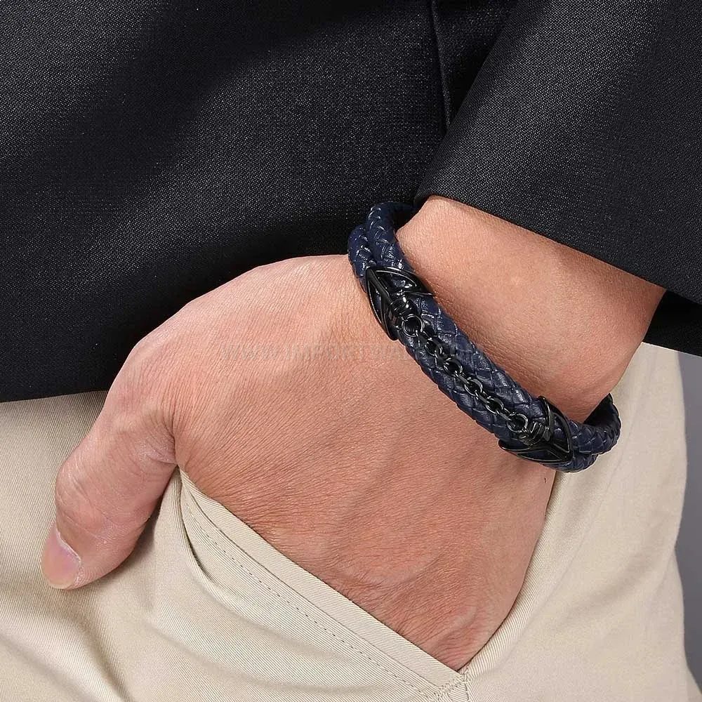 Chic Double-Layer Woven Navy Leather Men's Stainless Steel Clasp Bracelet