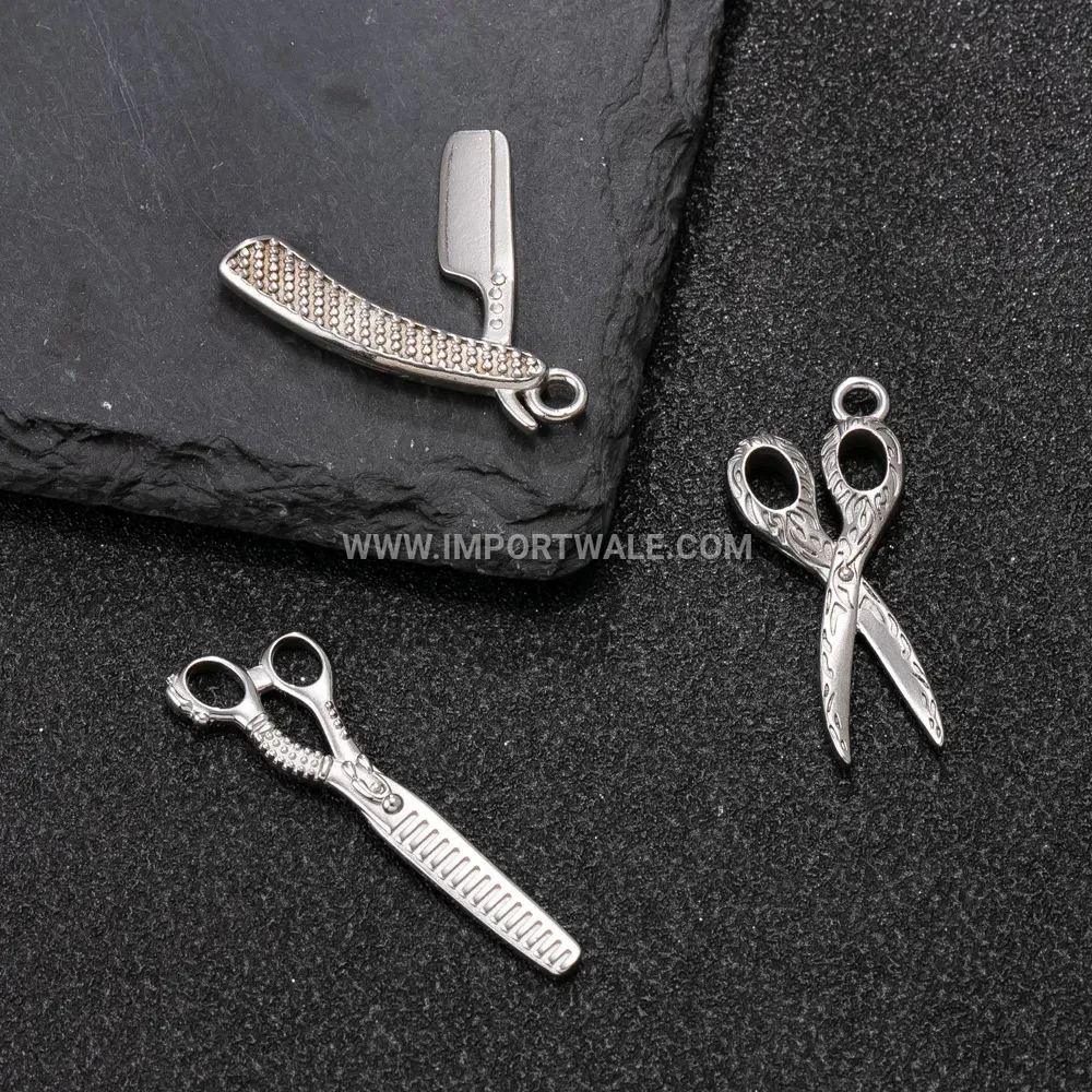 Men's Stainless Steel Cast Barber Shears and Razor Pendant