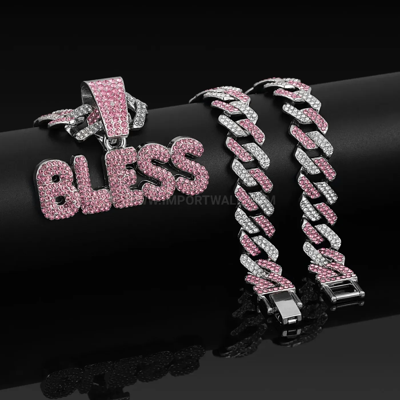 Modern Pink Rhinestone BLESS Letter Pendant Cuban Chain Necklace
