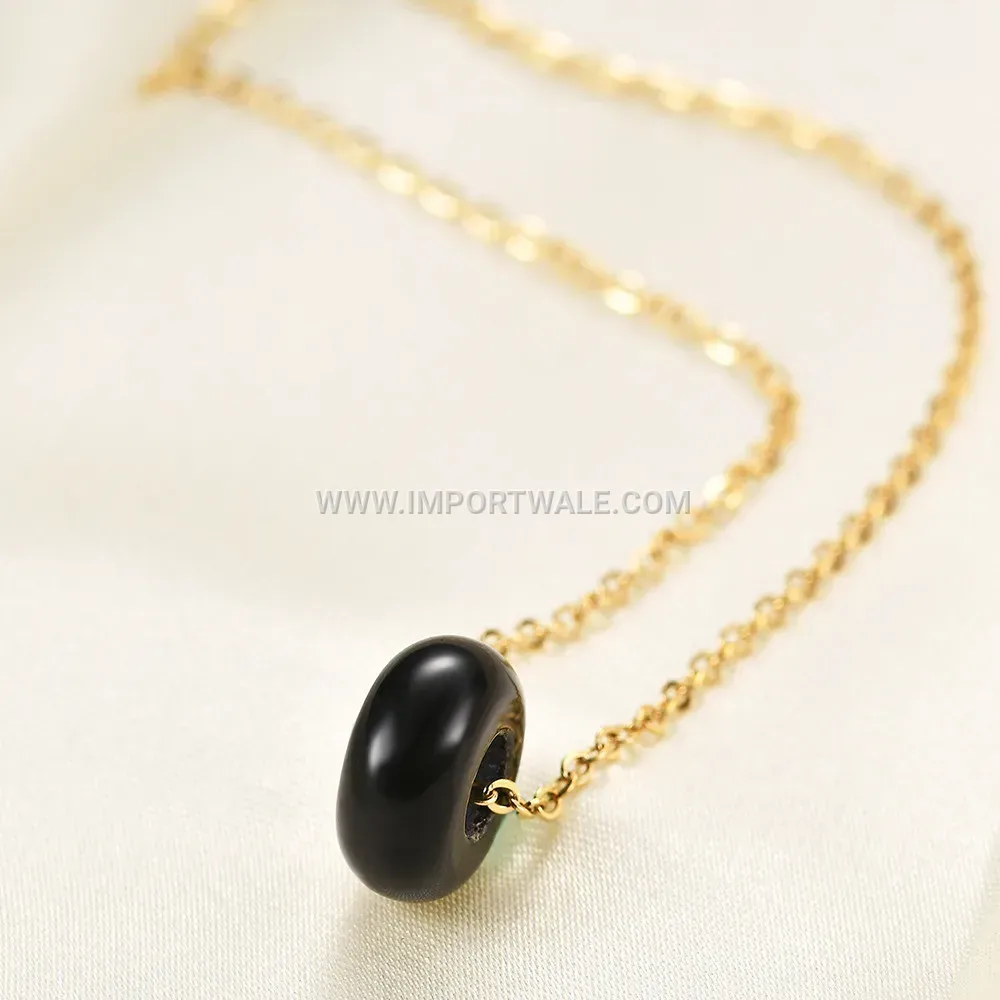 Matte Natural Stone Round Pendant Stainless Steel Necklace