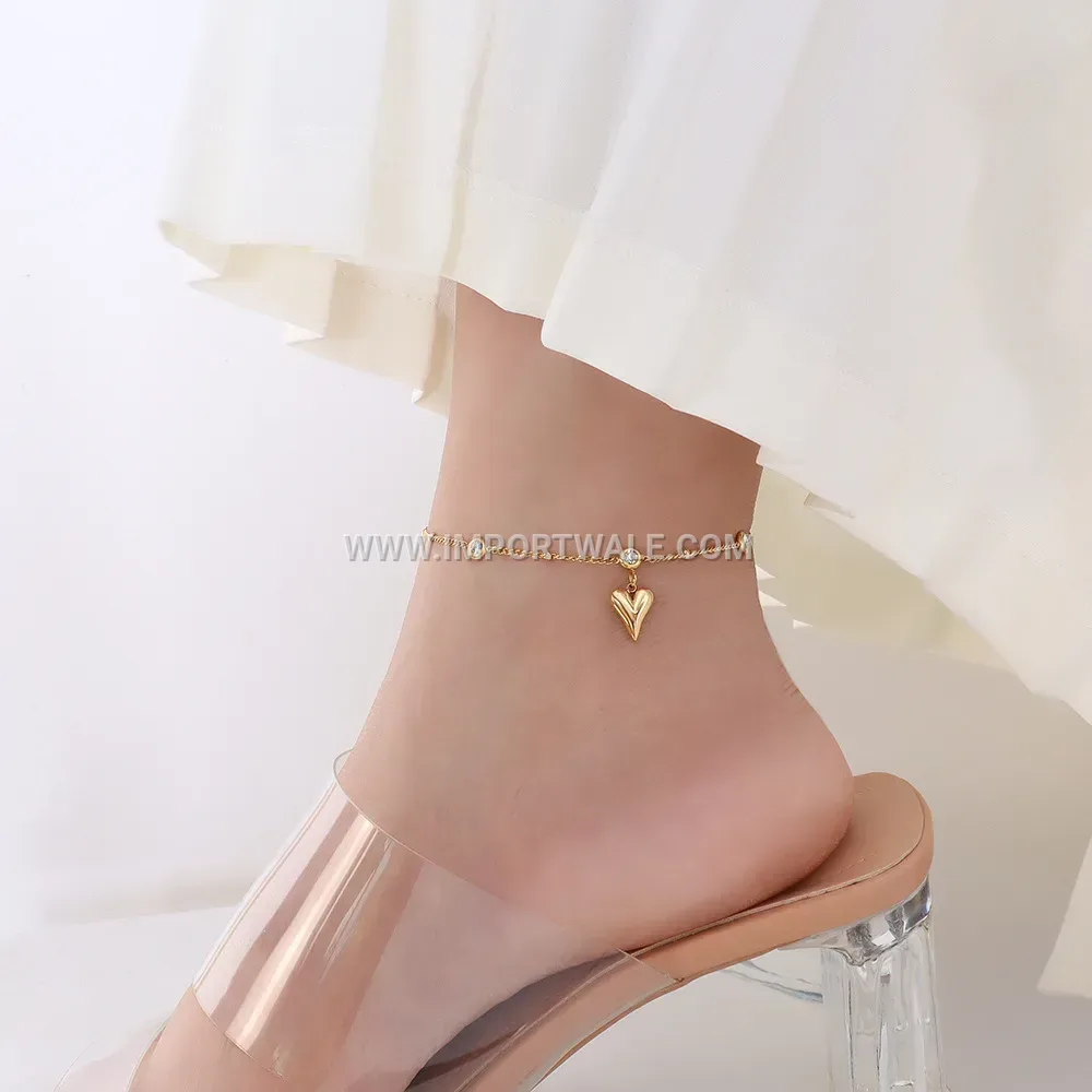 Heart V-Shape Rhinestone Anti Tarnish Stainless Steel Anklet