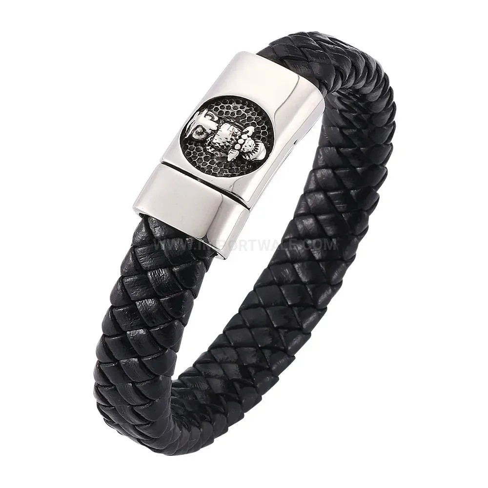 Woven Black Leather Wristband with Stainless Steel Accent Clasp