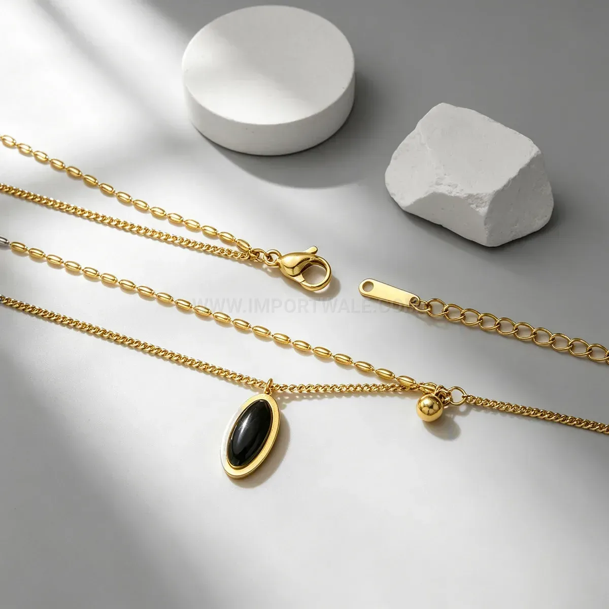 Fashion Double Layer Gold Stainless Steel Black Oval Pendant Necklace