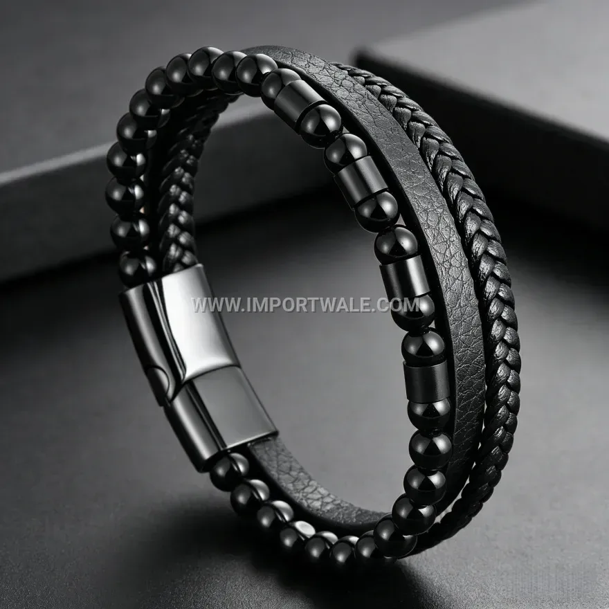 Dual Strand Braided Leather Wrap Bracelet for Men