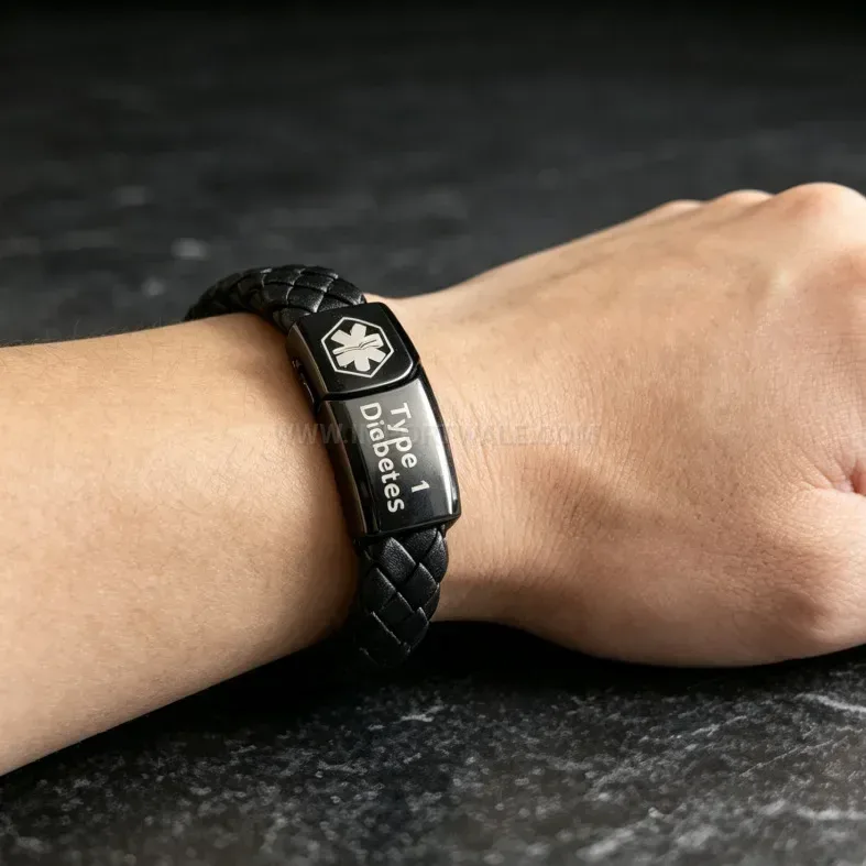 Designer Engraved Stainless Steel Medical Alert Microfiber Leather Bracelet