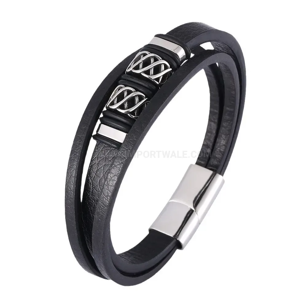 Multi-Layer Woven Leather Stainless Steel Bangle Wristband for Men