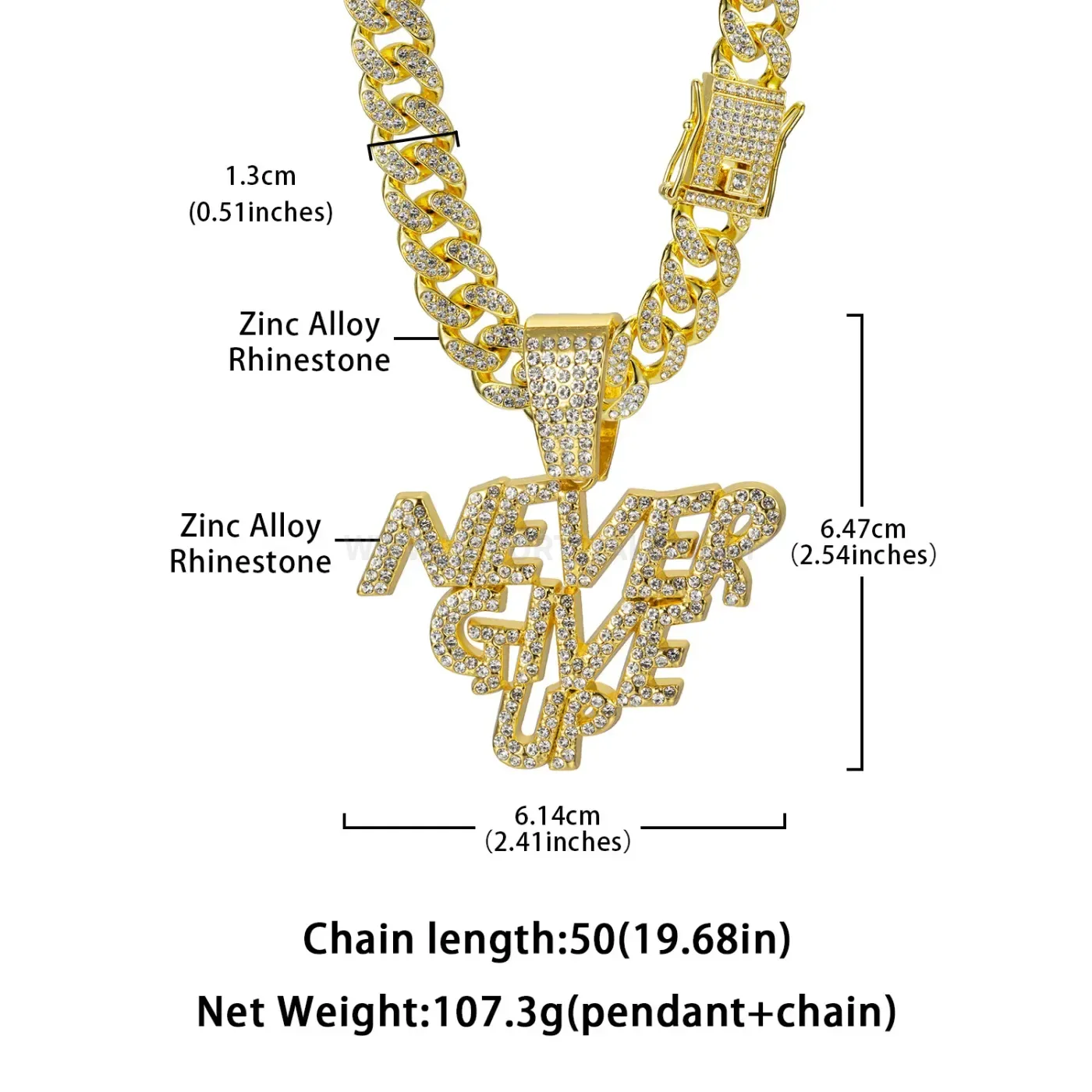 Full Rhinestone Never Give Up Letter Pendant Cuban Chain