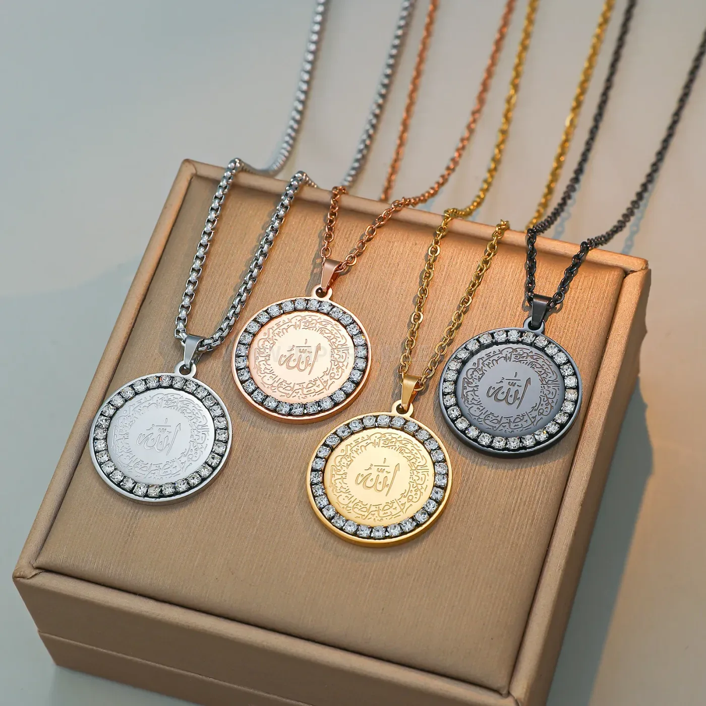 Gold Plated Stainless Steel Allah Inscription Pendant Necklace With Zircon Accent