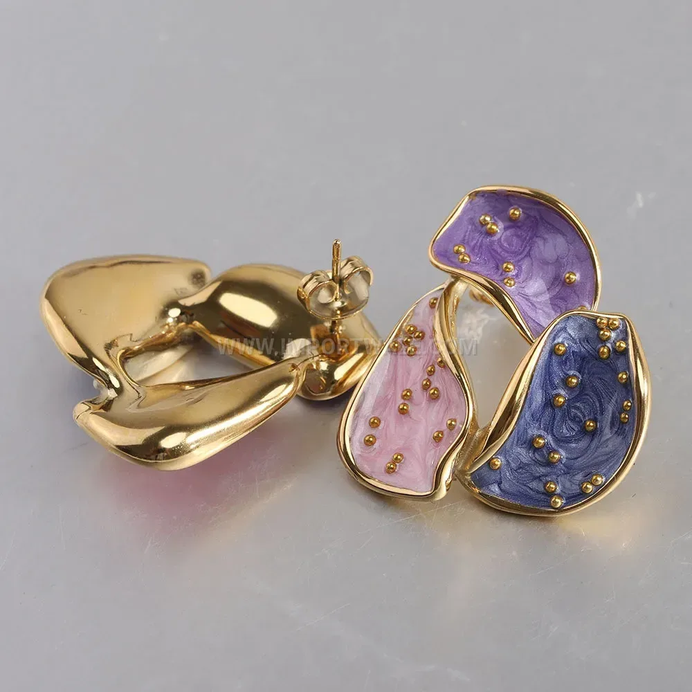 Vintage Enamel 14K Gold Plated Stainless Steel Drop Earrings 29mm