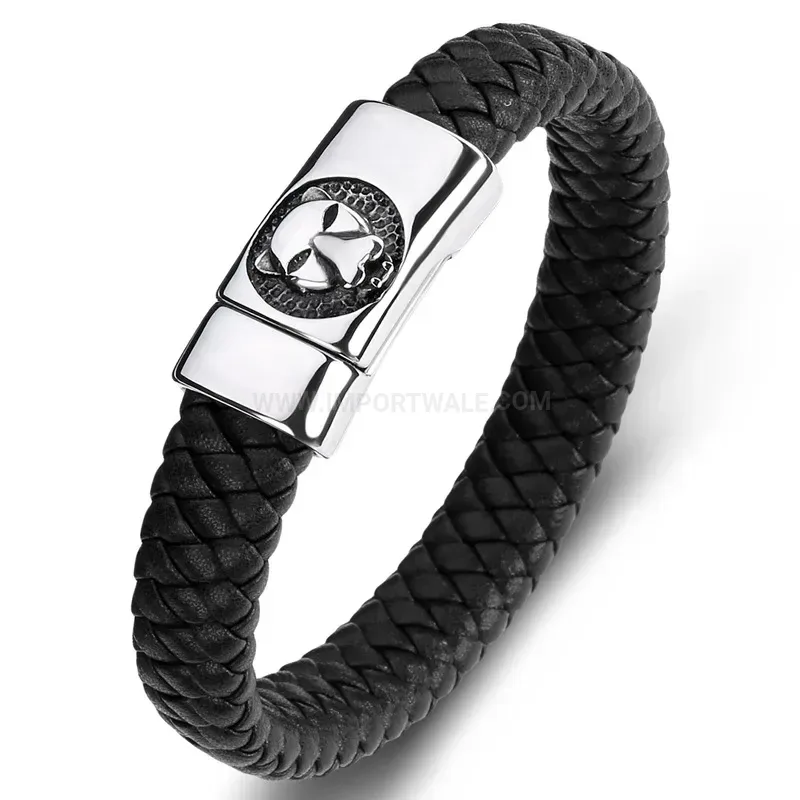 Wolf Head Stainless Steel Stitched Leather Men's Bracelet