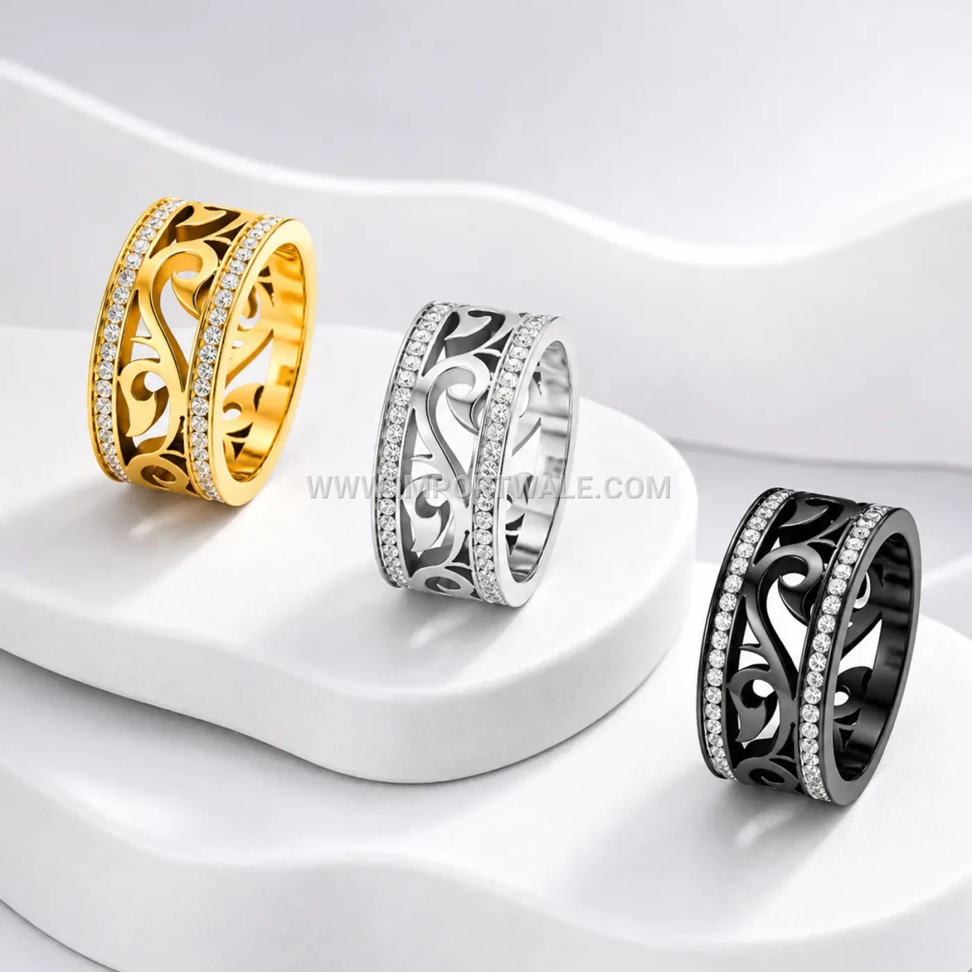 Filigree Cutout Stainless Steel Wide Band Ring with Rhinestones