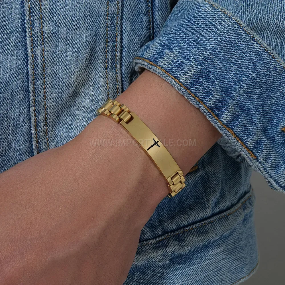 Men's Stainless Steel Cross Engraved Watch Strap Link Bracelet