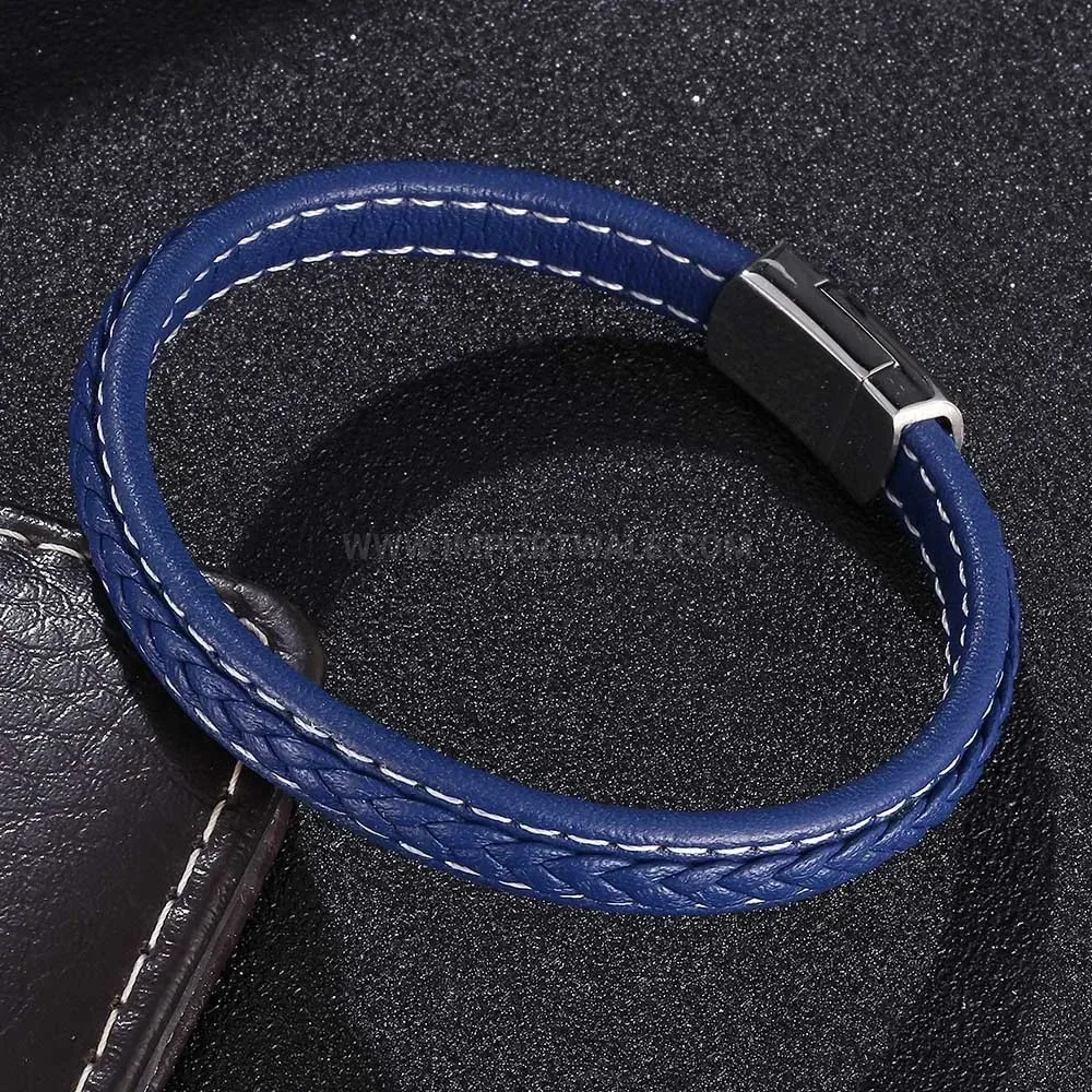 Braided Leather Rope Bracelet with Round Magnetic Stainless Steel Clasp