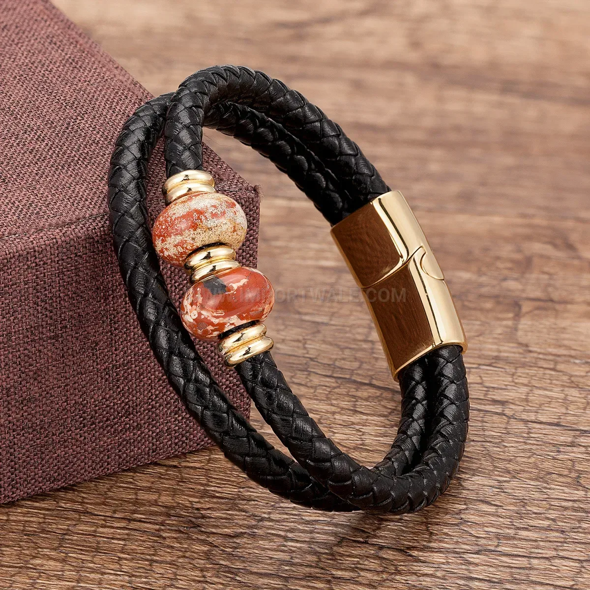 Double Layer Hand Woven Leather and Natural Stone Bracelet