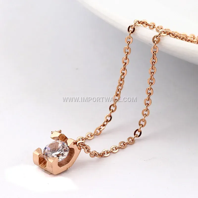 Rose Gold Stainless Steel Square Cubic Zirconia Pendant Necklace