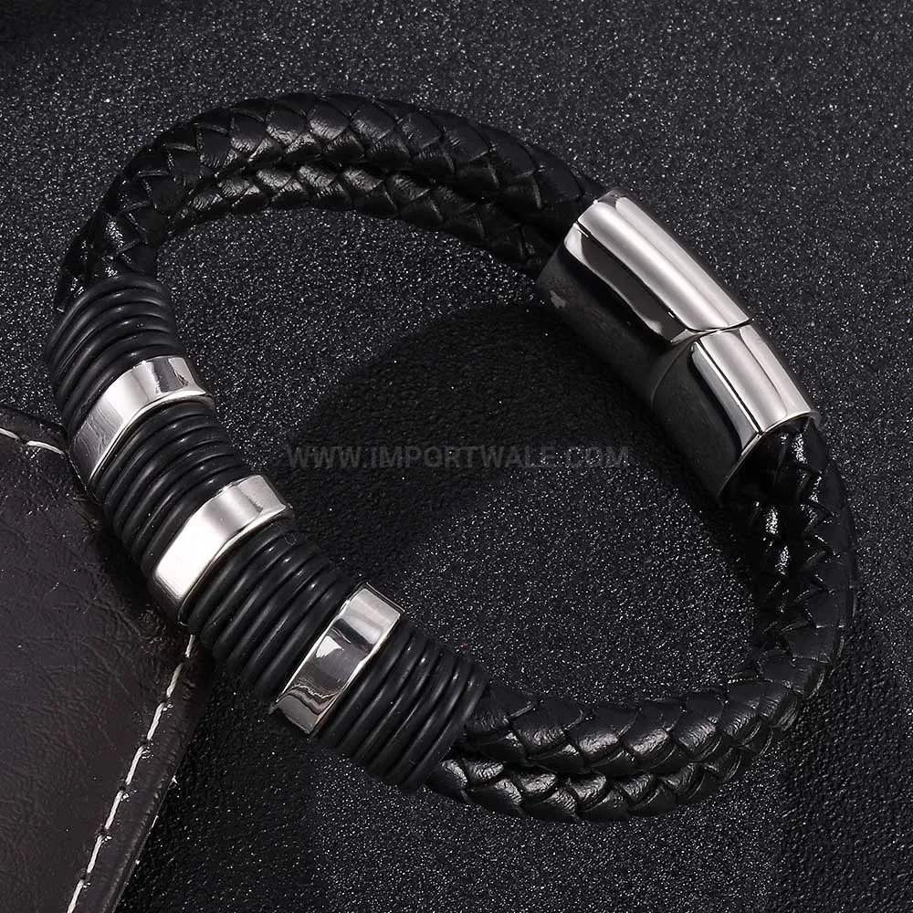 Trendy Engravable Stainless Steel Plate Black Leather Braided Couple Bracelet