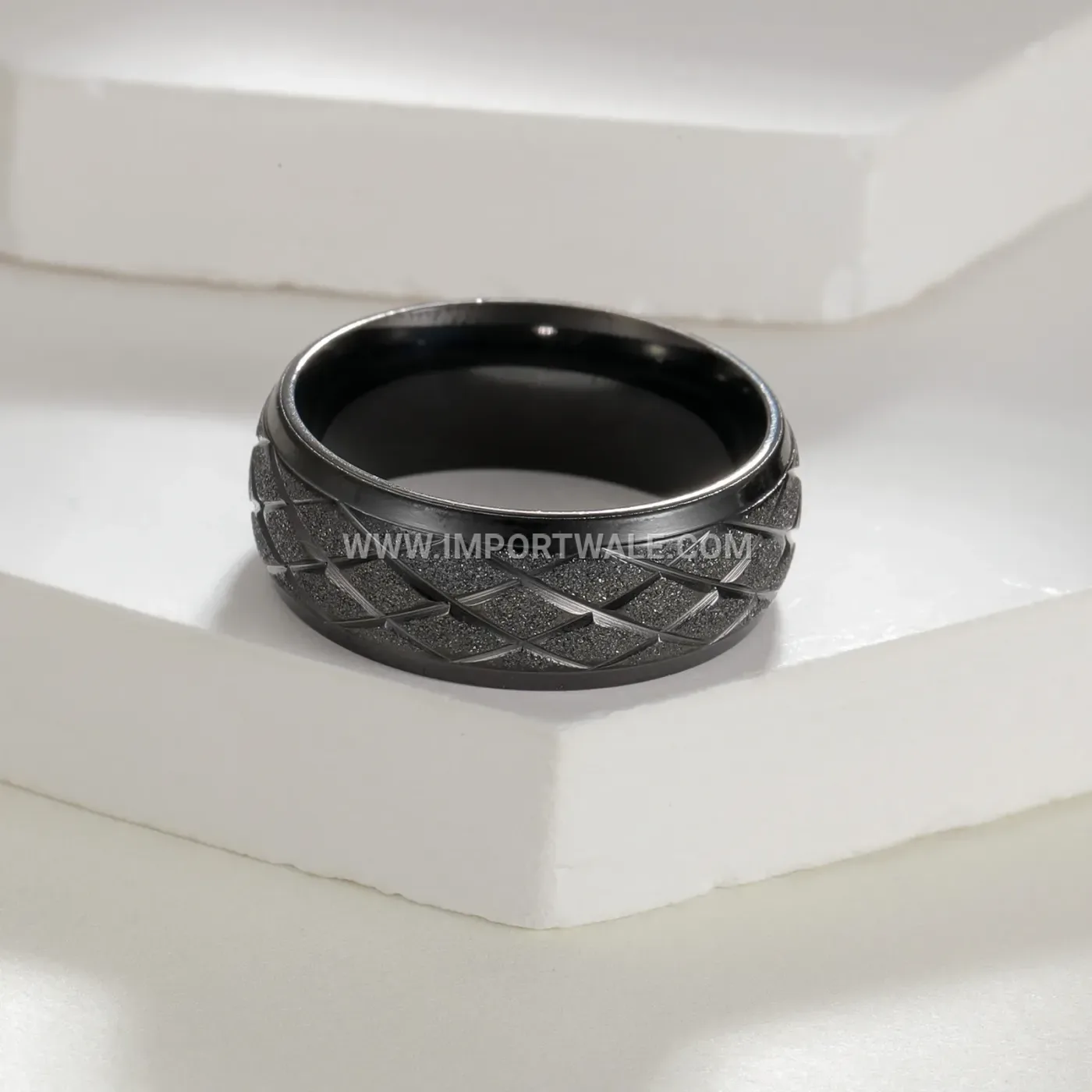 Frosted Geometric Diamond Pattern Stainless Steel Band Ring