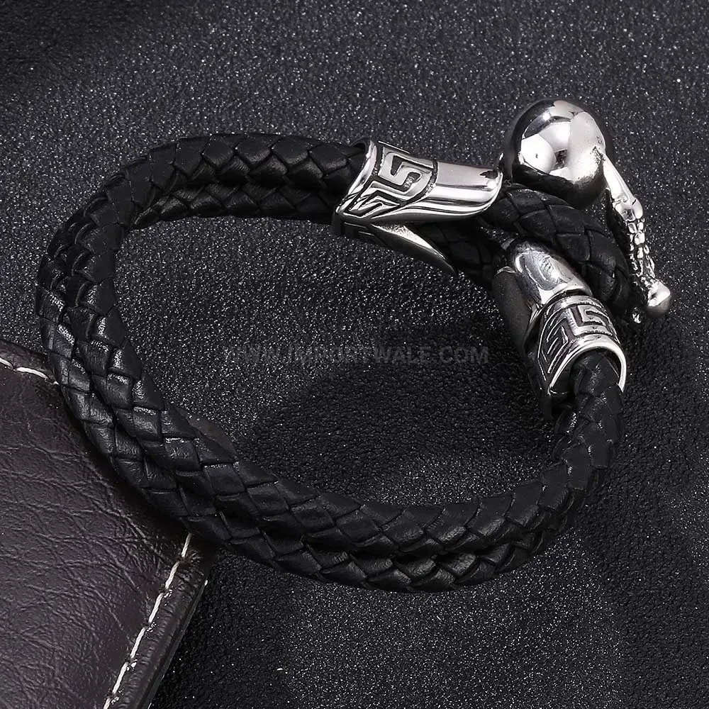 Woven Leather Dragon Claw Accent Stainless Steel Bracelet