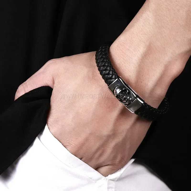 Premium Braided Leather Skull Wristband with Stainless Steel Accents