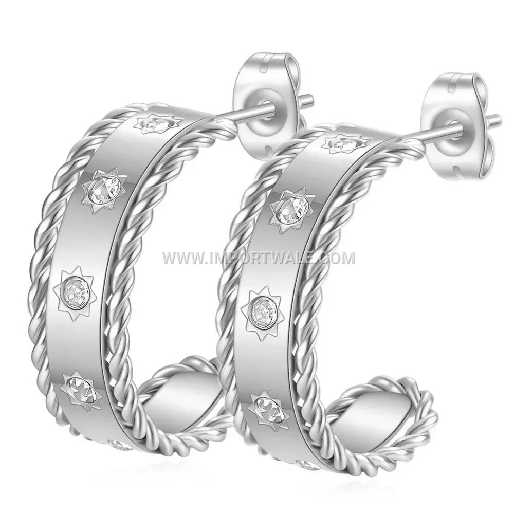 18K Gold Plated Stainless Steel Twisted C-Shape Hoop Earrings With Cubic Zirconia
