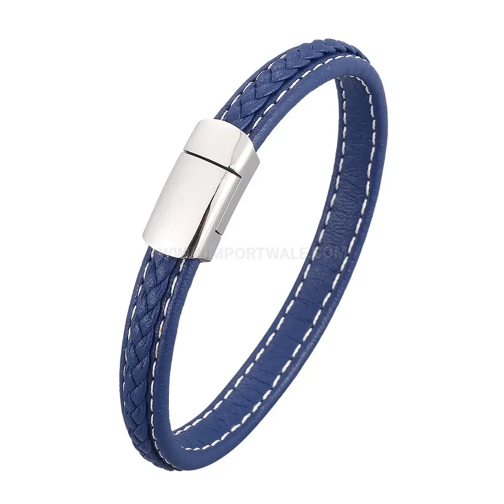 Braided Leather Rope Bracelet with Round Magnetic Stainless Steel Clasp