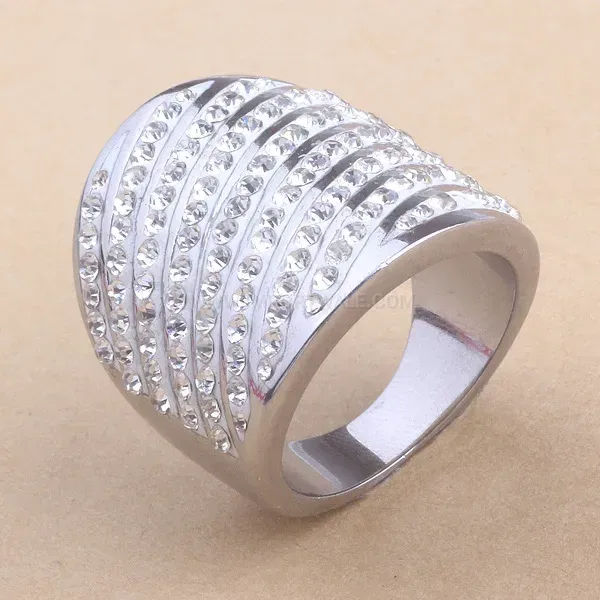 Multi Row Beveled Rhinestone Stainless Steel Wide Band Ring