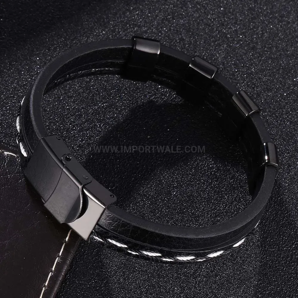 Multi-Layer Woven Leather Bracelet with Gemstone Titanium Accents