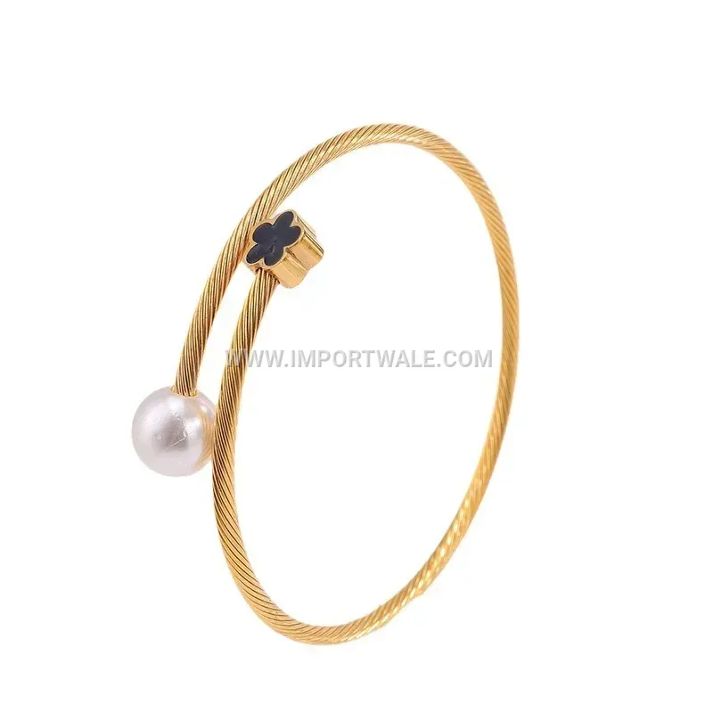 18K Gold Plated Titanium Steel Elastic Open Bangle with Pearl