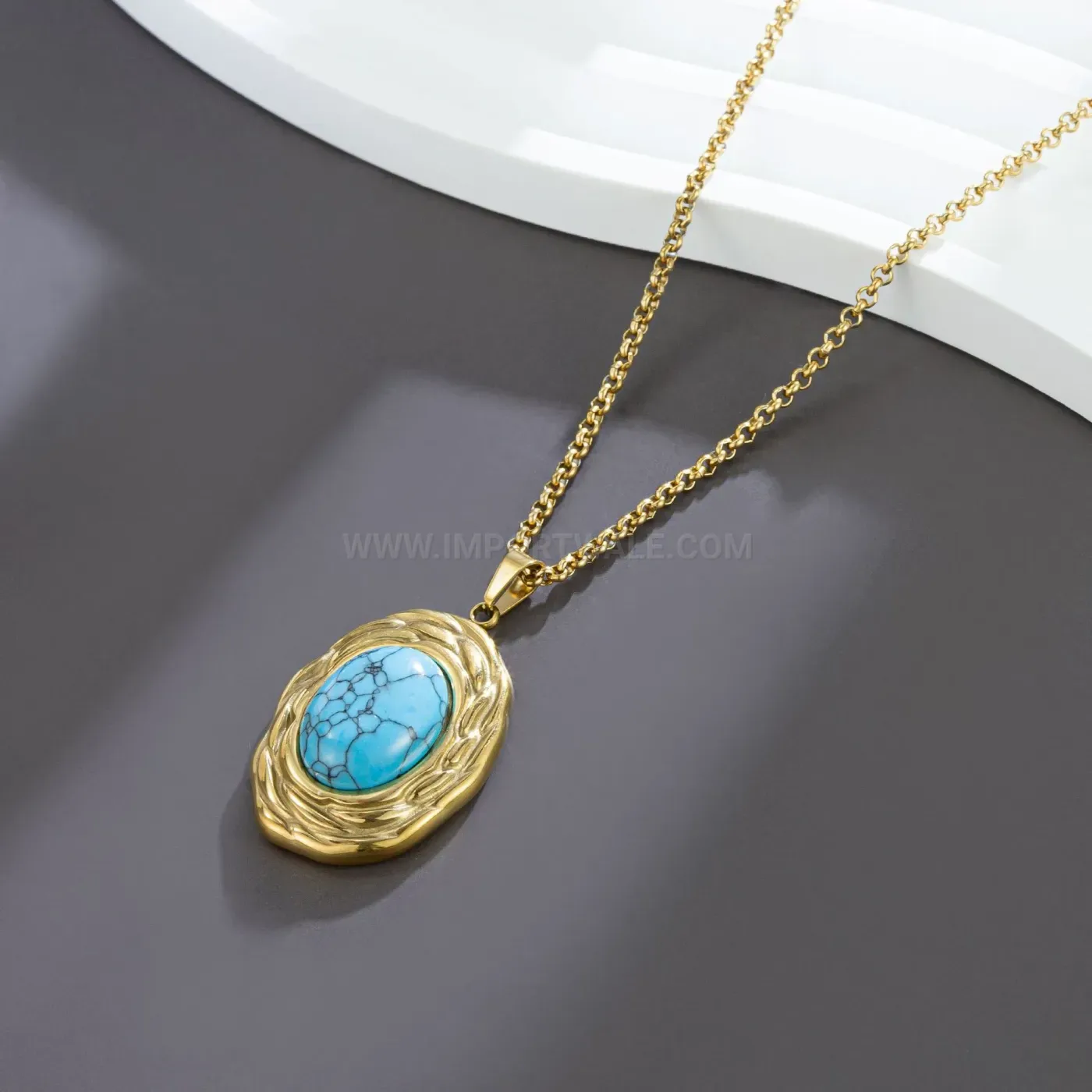 Trendy Vintage Turquoise Oval Pendant Titanium Steel Chain Necklace
